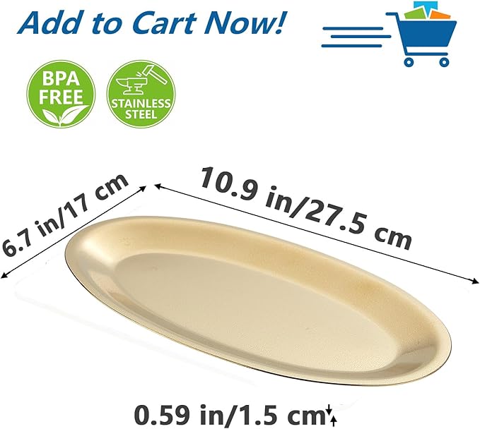 SANQIAHOME 10.9x6.7 Inch Thick Stainless Steel Dinner Plate 2-Piece Set, Egg-Shaped Appetizer Plate,Gold