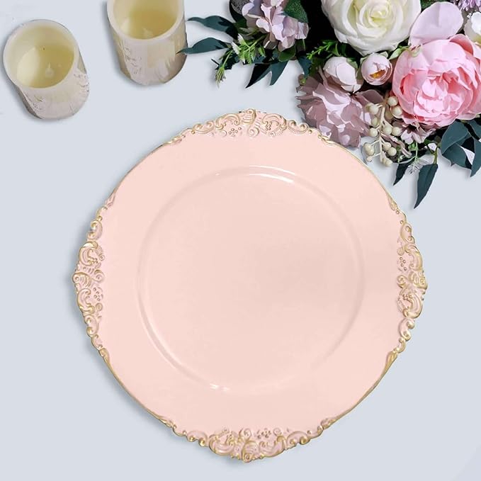 13" Charger Plates -Set of 12 - Acrylic Blush Round Baroque Disposable Chargers Leaf Embossed Rim, Ideal for Dinner Party Wedding Bulk Events