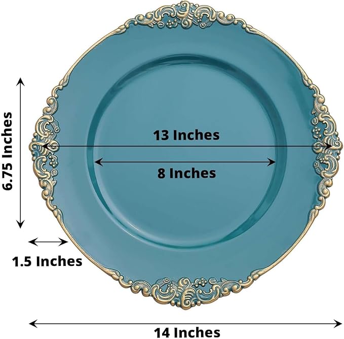 13" Charger Plates -Set of 24 - Acrylic Teal Round Baroque Disposable Chargers Leaf Embossed Rim, Ideal for Dinner Party Wedding Bulk Events