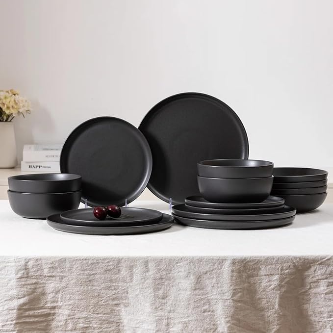 Stoneware Dinnerware Set, 16 Piece Plates and Bowls Set for 4, Microwave and Dishwasher Safe Tableware (black)