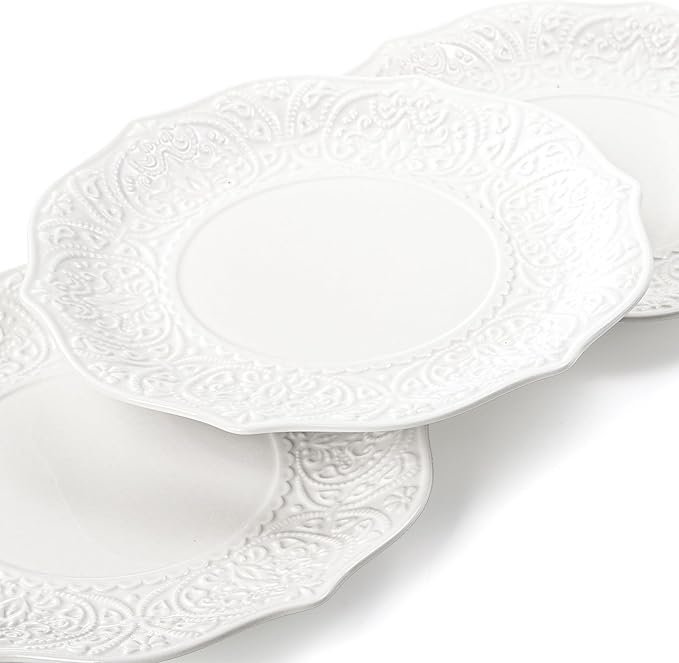 SOUJOY Set of 6 Salad Plate, 8 Inch Porcelain Dessert Serving Plates, Embossed Printing Small Dinner Dish for Pancakes, Steak, Microwave, Dishwasher Safe