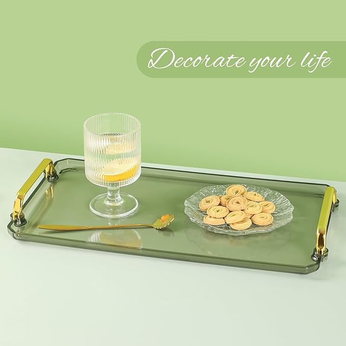 Acrylic Serving Tray with Handles - Multi-Use Plastic Tray for Party, Kitchen & Bathroom - Decorative Valet Tray for Ottoman, Dessert & Coffee Table (Amber)