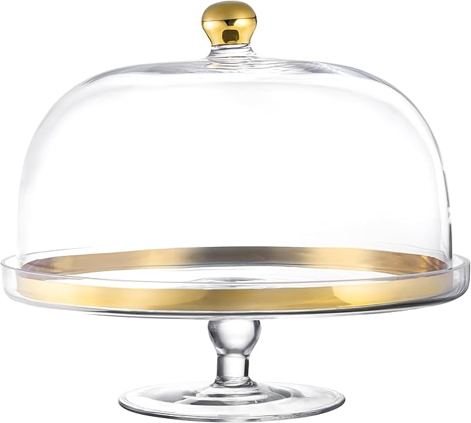 Barski Glass - Cake Stand - and - Dome - with - Gold Rim - and - Gold Knob - for - Cake - Fruit - Cheese - 11.75" Diameter - Made in Europe