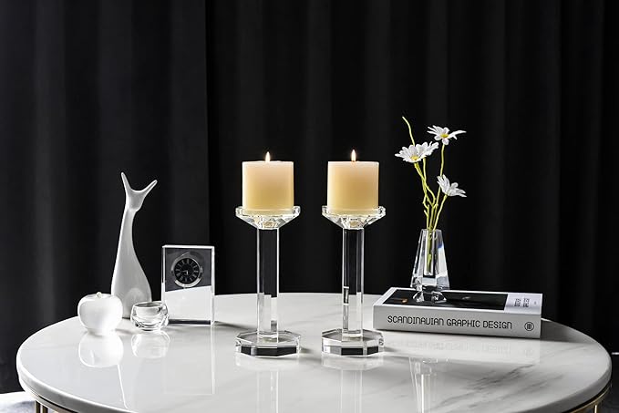 kitCom Crystal Candle Holders Set of 2, 8.27 Inch Tall Crystal Candlestick Holders for Taper, Long Candles or Tea Lights - Home Decoration, Wedding, Housewarming and Graduation Gifts