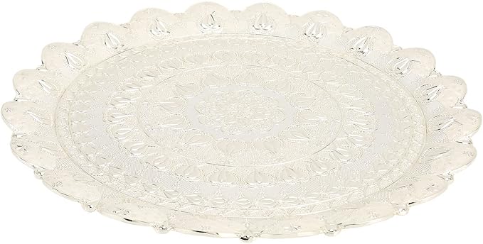 Firlar Round Metal Tray for Home Decor, Turkish Tea Coffee Serving Tray Vintage Style Embossed Pattern Round Coffee Plate for Table Decor Bar Outdoor(Silver)