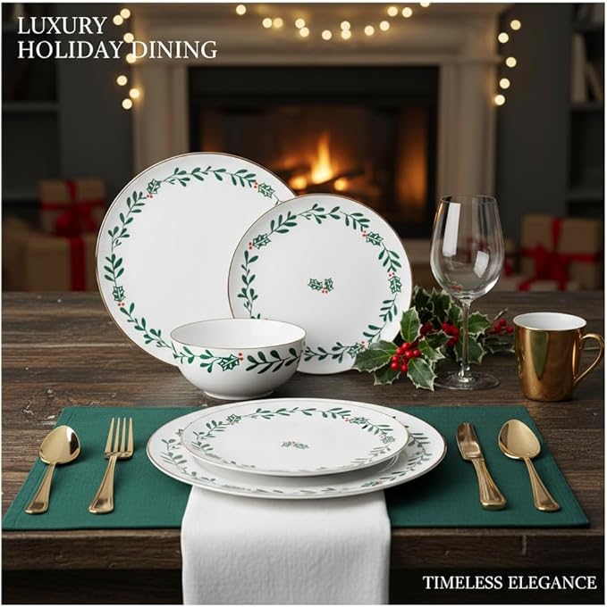 12-Piece Holly Pattern Ceramic Dinnerware Set, Holiday Matte Glaze Plates Bowls, Dishwasher & Microwave Safe, Daily Use & Christmas Tableware, White