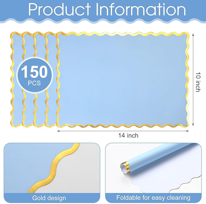 150 Pcs Disposable Paper Placemats Bulk 10"x14" Rectangle Place Mats with Scalloped Edges Dining Table Mat for Wedding Birthday Easter Party Table Decoration(Baby Blue)