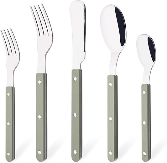 5 PCS Stainless Steel Flatware Set for 1, Silverware Set with Colored Handles, Retro Style Forks Spoons and Knives Set, Vintage Eating Utensils, Green Acrylic Handle with Rivets Design