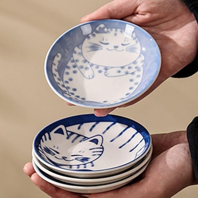 Japanese Sushi Sauce Plate Small Lucky Cat Pattern Soy Sauce Dish Mini Round Ceramic Glazed Plates for Appetizer Dessert Fruit(C)
