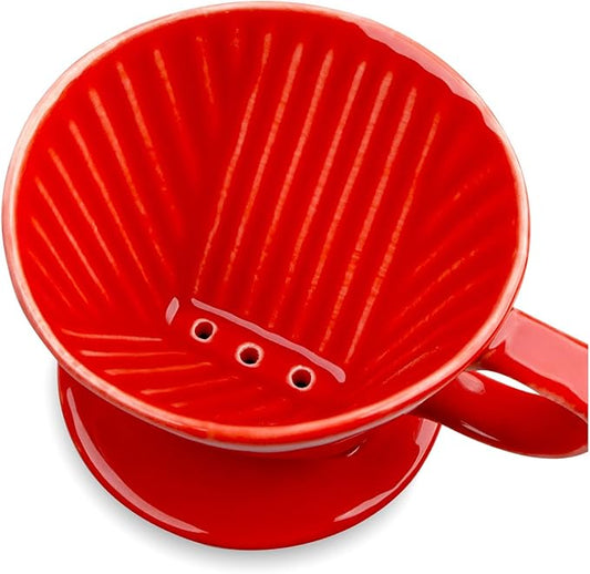 Handmade Pour Over Ceramic Coffee Dripper - Authentic Brewing Experience for Camping, Office, and Home (Red)