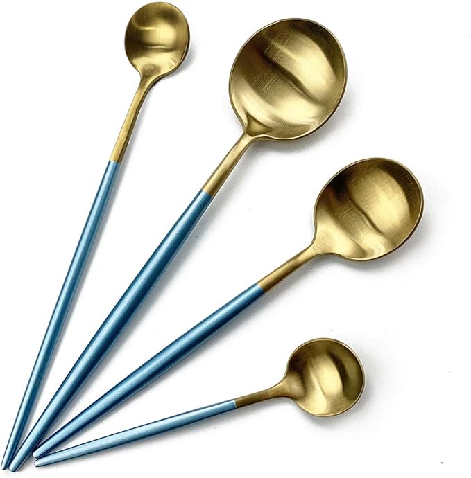 Gugrida Blue Handle Gold Flatware Set, Royal 5 Pieces Matte Blue Handle 18/10 Stainless Steel Long Handle Spoon 7.87", Camping Cutlery Silverware Travel Utensils Set Tableware