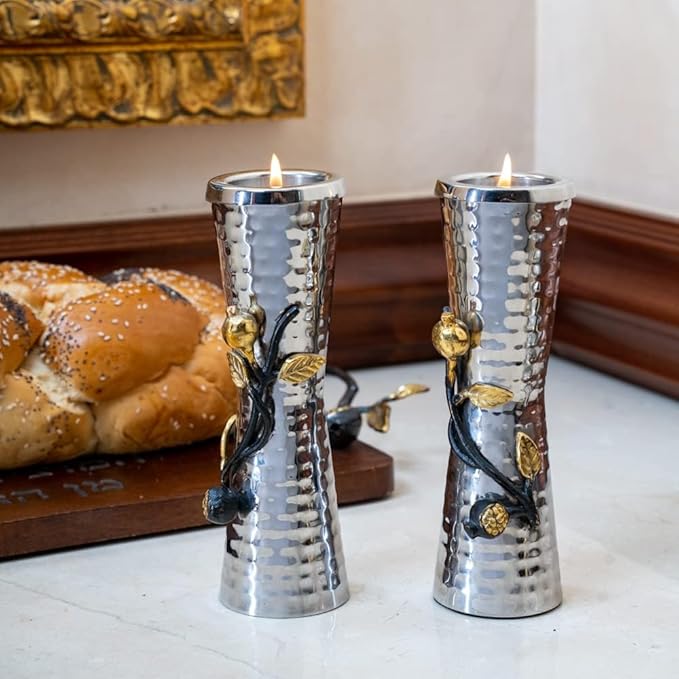 Yair Emanuel Shabbat Candle Holders for Tea-Lights - Pomegranate Branch Accent Decor - Jewish Judaica Gift (7 Inch CSZ-1)