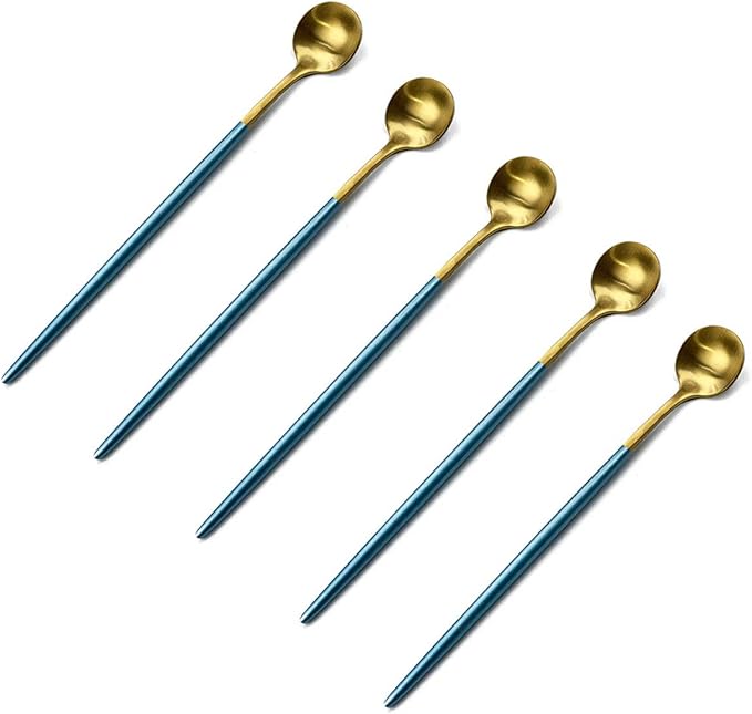 Gugrida Blue Handle Gold Flatware Set, Royal 5 Pieces Matte Blue Handle 18/10 Stainless Steel Long Handle Spoon 7.87", Camping Cutlery Silverware Travel Utensils Set Tableware