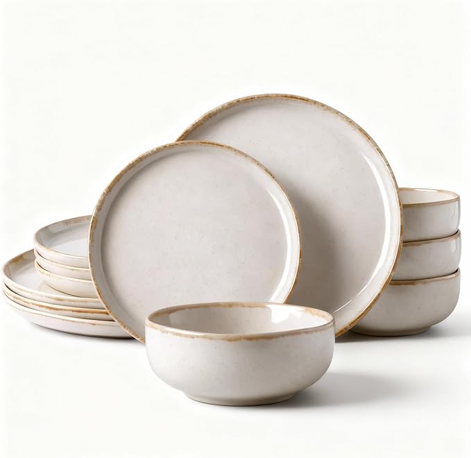 AmorArc Ceramic Dinnerware Sets, Wavy Rim Stoneware Plates and Bowls Sets, Highly Chip and Crack Resistant | Dishwasher & Microwave Dishes set, Service for 4 (12pc)-Speckled Cappuccino
