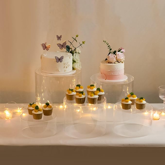 Efavormart Set of 5 Acrylic Cake Stands 8.5", 9", 10", 11", 12" Round Cylinder Design Clear - Display Risers for Weddings