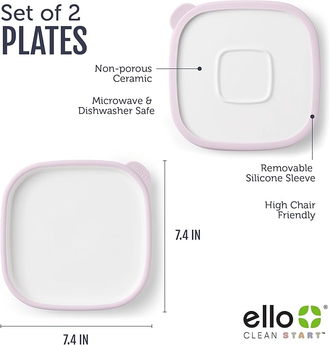 Ello Clean Start Toddler Everything Plate 2 Pack | BPA-Free Ceramic Plates with Silicone Sleeve for Babies/Toddlers | Microwave/Dishwasher Safe, Plastic-Free, High Chair Friendly | Dewdrop/Sugarplum