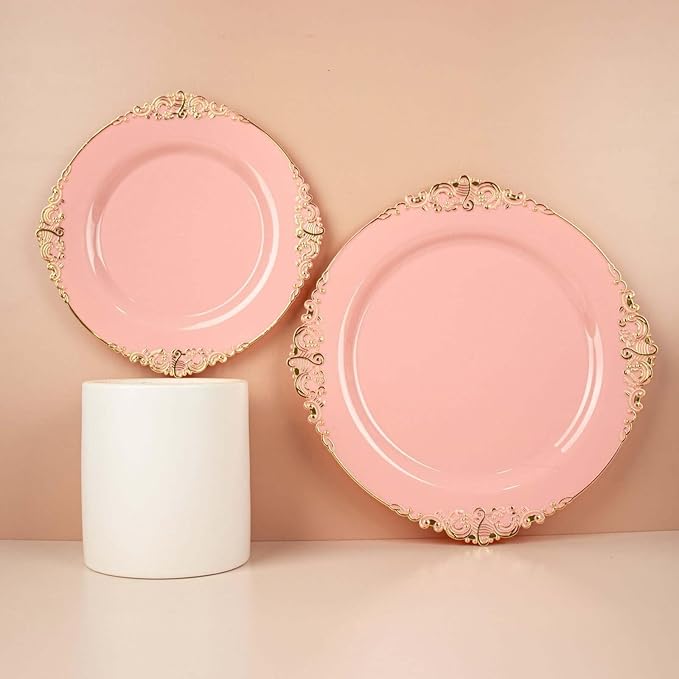 8" Salad Plates -Set of 10 - Plastic Rose Gold Round Baroque Disposable Chargers Leaf Embossed Rim, Ideal for Dinner Party Wedding Bulk Events