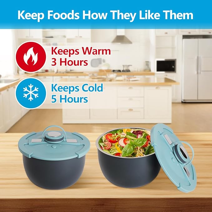 Double-Walled Stainless Steel Insulated Serving Bowl with Leak - Proof Lid - Insulated Casserole Dish - Keeps Food Warm and Cold for Hours - Perfect for Holidays, Parties, Camping (Blue, 2QT)