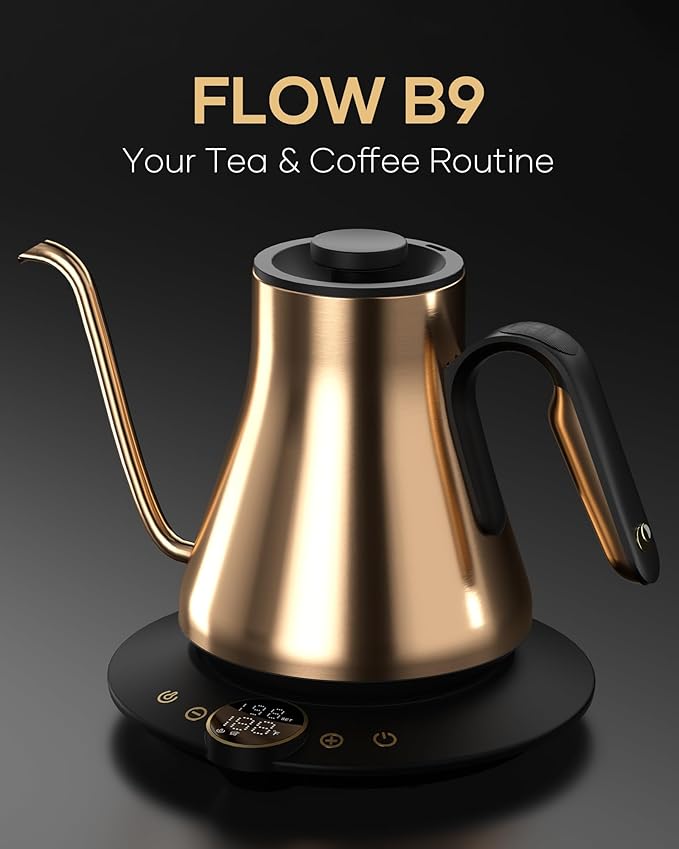Cocinare FLOW B9 Gooseneck Electric Kettle, Precise Temperature Control for Pour-Over Coffee & Tea Brewing, Stainless Steel Interior, Rapid Heating for Boiling Water 0.9L (Soulages Black)
