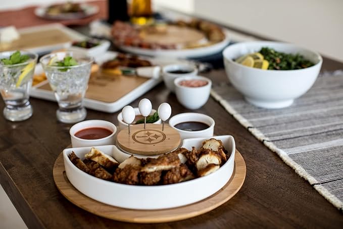 PICNIC TIME NFL Symphony Appetizer Serving Tray Set, Party Platter Set, Appetizer Plate, (Bamboo & White Ceramic)