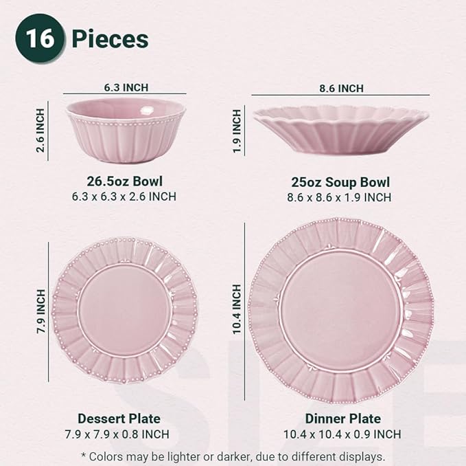 HOMBENE Plates and Bowls Sets for 4, 16 Piece Dinnerware Sets, Porcelain Plate set, Ceramic dish set, Wedding kitchen & dining, Microwavable Dreamy Sakura Pink