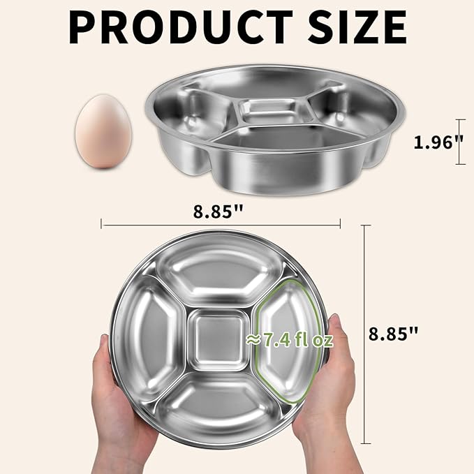 Stainless Steel Divided Dinner Plate 8'' Reusable Portion Control Plate - Metal Separated Plates & Lunch Dinner Plates Set - Round Serving Platter, BPA-Free Microwave-Safe for Meal Prep, Work & Family