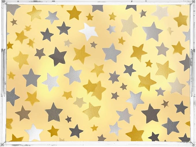 Serving Tray with Handles Clear Acrylic Tray 12x16 Inch Decorative Rectangular Tray Organizer for Ottoman Coffee Table Bathroom Cute Silver and Golden Stars
