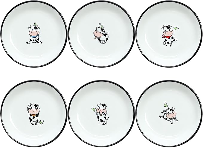 Funny Cartoon Cow Bird Pattern Ceramic Sauce Dishes, Seasoning Dishes, Sushi Soy Dipping Bowls, Appetizer Plates, Dessert Plates, Little Cat Bird Feeding Bowls, Set of 6-Colorful-5 Inch