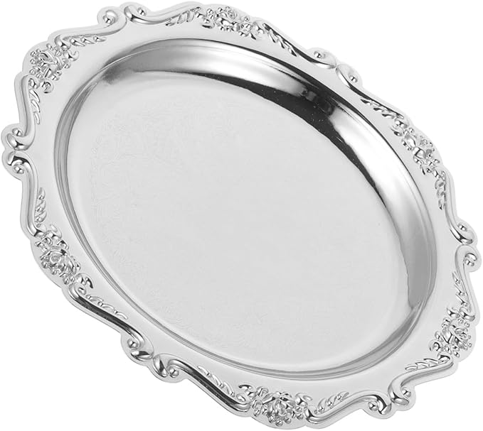 Unomor Elegant Vintage Serving Tray Silver Iron Snack Plate for Food Jewelry Display Dessert Decorative Platter for Parties Home Dining and Event Presentation