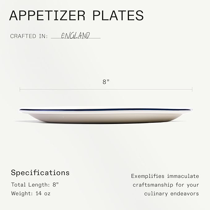 Made In Cookware - Set of 4 - Appetizer Plates - White With Navy Rim - Porcelain England