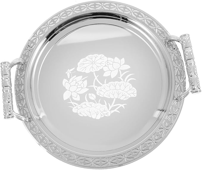 European Style Round Pattern Fruit Serving Tray Silver Decorative Dessert Table Plate Candy Holder for Home Kitchen Dining
