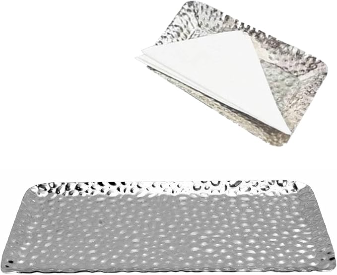 2pcs Bathroom Vanity Tray, Stainless Steel Silver Serving Tray Decorative Hammered Tray Soap Candles Perfume Tray Guest Towel Holder for Home Decor Bathroom Counter Restaurant, 3.7x7.7in