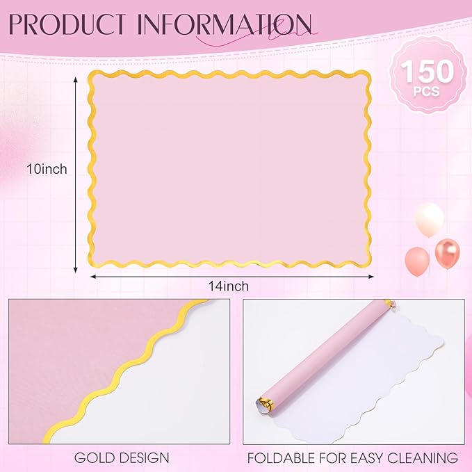 150 Pcs Disposable Paper Placemats Bulk 10"x14" Rectangle Place Mats with Scalloped Edges Dining Table Mat for Wedding Birthday Easter Party Table Decoration(Pink)
