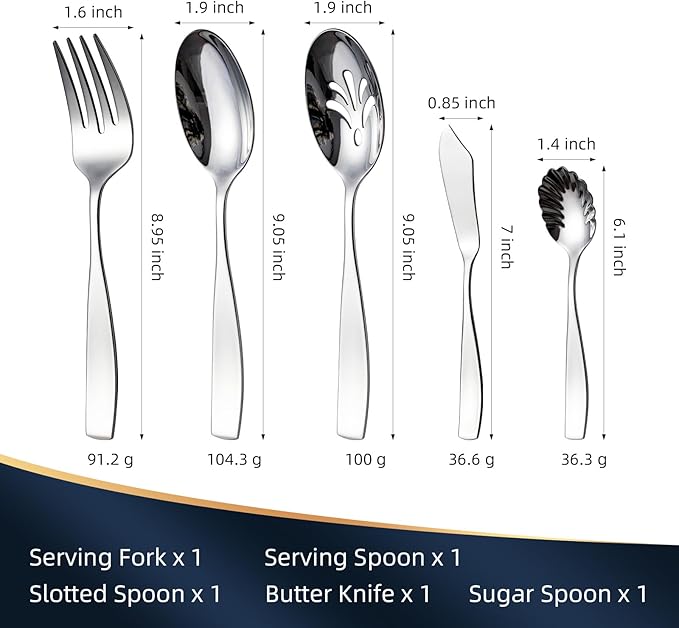 Serving Utensils, CITESANA 5-Piece Stainless Steel Silverware Serving Set Mirror Polished Hostess Flatware for Buffet Kitchen Dishwasher Safe