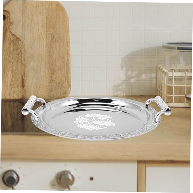 Luxshiny European Style Fruit Serving Tray Stainless Steel Snack Storage Holder Decorative Silver Pattern Snack Plate for Desserts Dry Fruits and Outdoor Picnic Use