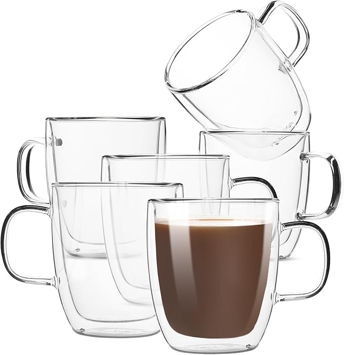 BTaT- Double Walled Glass Coffee Cups, 6 Pack, 12 oz, Espresso Cappuccino Latte Tea Cups with Handle, Microwave Safe Clear Glasses for Hot and Cold Drinks