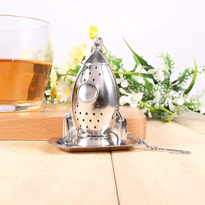 Stainless Steel Tea Strainer, Rocket Ship Tea Infuser with Chain, Rocket Shape Loose Tea Filter for Leaf Herbal Spice Brewing Steeping Home Teaware Accessories