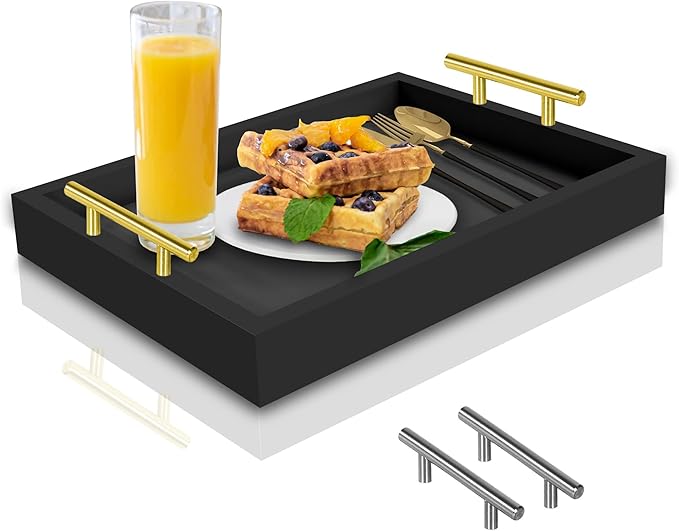 Coffee Table Tray - with Gold and Silver Metal Handles for Serving, Home Decor, Bathroom, Ottoman Design, Wooden Tray 16x12in (Black)