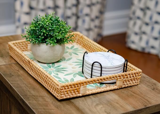 Magenta & Teal Decorative Rectangle Rattan Serving Tray 13x9 inch Mother of Pearl Inlay, Wicker Coffee Table Decor, Farmhouse (Light Blue Flower Pink)