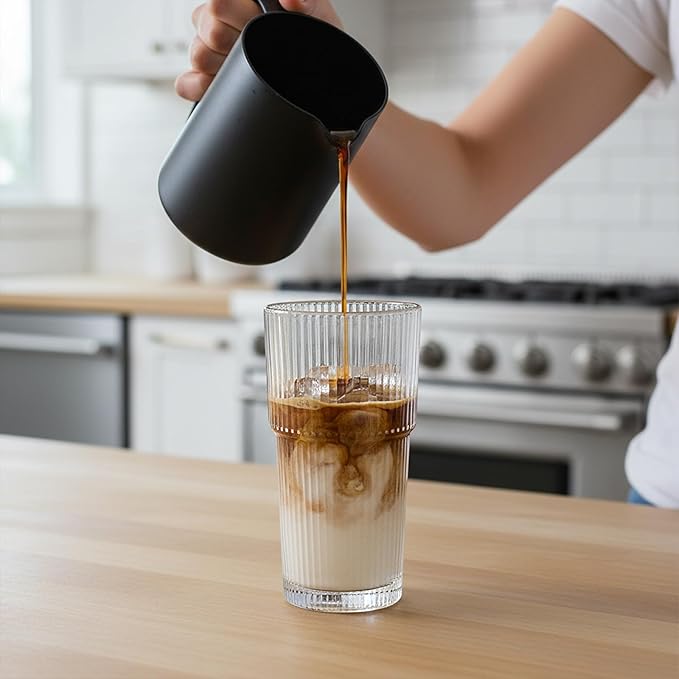 WeirdUncle Set of 6 Oversize Ribbed Glassware, 20oz Vintage Clear Glass Tumbler, Large capacity, Origami Style, Fluted Design, Ideal for Water, Iced Coffee, Beer, Tea, Latte, Housewarming Gift (Large)