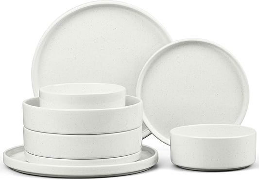 E-far 8-Piece Plates and Bowls Sets - Stoneware Dinnerware Sets with Pasta Bowls for 2 | Microwave & Dishwasher Safe Kitchen Modern Dish Set, Speckled White