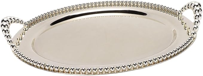 Bewinner Round Metal Serving Tray with Handles 31.5cm, Silver Stackable Platter for Fruits Desserts Snacks, Indoor Outdoor Use for Kitchen Living Room BBQ Party Decor