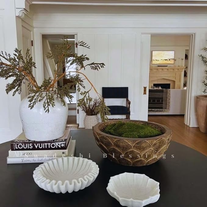 SWADESHI BLESSINGS HandCrafted Marble Lotus Bowl/Organic Modern Home Decor Bowl/Fruit Bowl/Vintage Ring Dish/Decorative Flower Dish/HouseWarming Gifts/Wedding Gifts/Urli (8 Inches)