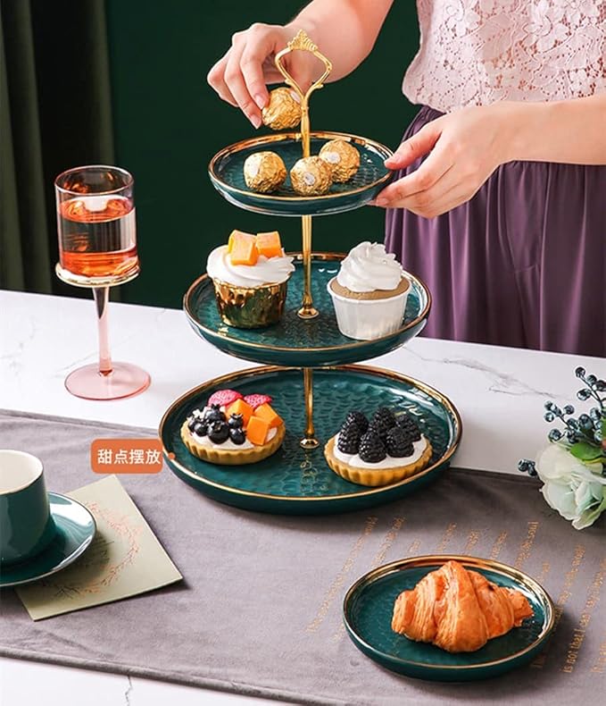 3 Tier Round Porcelain Tiered Cupcake Stand, Tiered Serving Stand, Dessert Stand, Serving Tray Platter for Tea Party, Wedding and Birthday (Green)