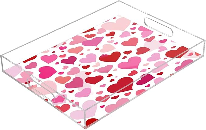 Serving Tray with Handles Clear Acrylic Tray 12x16 Inch Decorative Rectangular Tray Organizer for Ottoman Coffee Table Bathroom White Pink Love Valentine