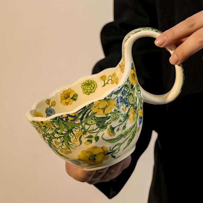 16.91oz/500ml Handpainted Soup Bowl with Handle,Ceramic Cereal Bowl Microwave & Dishwasher Safe,Loop Handle Bowl Great for Soup,Yogurt,Snack,Chip,Stew,Ice Cream,Coffee (Winter Jasmine)
