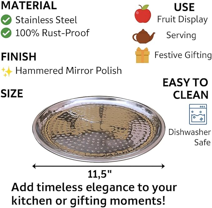 Set of 2 Stainless Steel Hammered Serving Trays – 11.5 Inch Round Platter for Fruit, Snacks, Tea – Mirror Finish, Rust-Proof, Dishwasher Safe – Kitchen & Gifting Tray Set