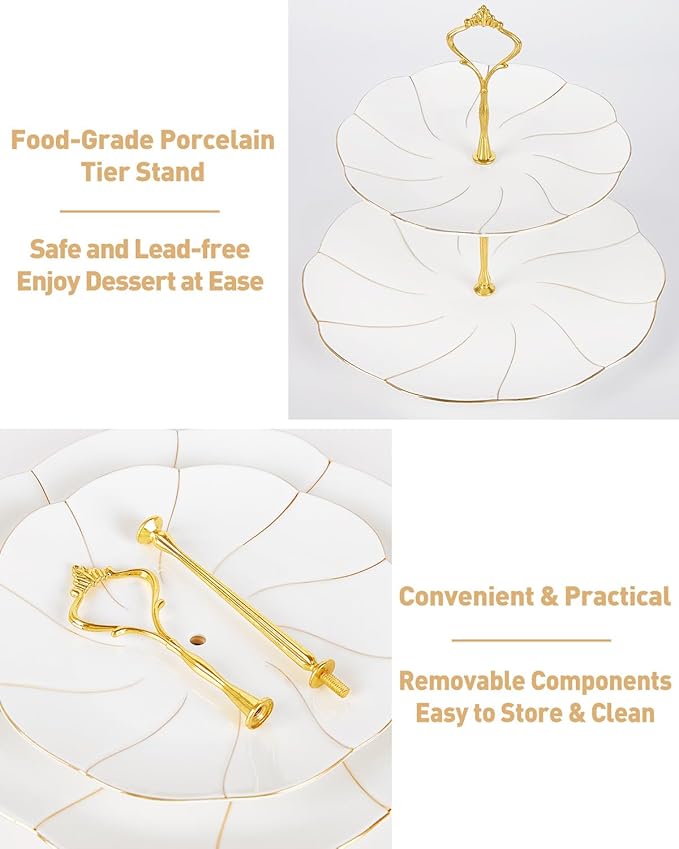 DUJUST Luxury Porcelain 2-Tier Cupcake Stand Tower, British Style Serving Tray with Golden Trim, Food Grade Dessert Display Stand, Beautiful Gift for Tea Party & Home Décor