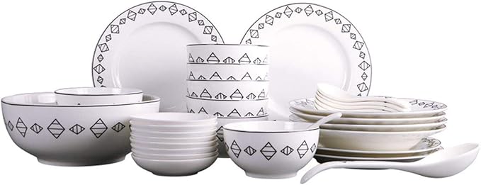 34 Pieces Round Ceramic Dinner Set White Jacquard Pattern Tableware,