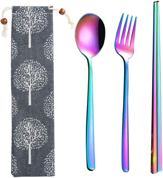 3pcs/6pcs Set Cutlery Dinnerware 304 Stainless Steel Flatware Set Tableware Dinner Spoon Fork Chopsticks Sucker Flatware Serving Sets (Colorful - 3pcs)